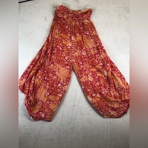 Anthropologie Harem Jumpsuit Small Flowy Boho Orange Strapless Coverup Pants